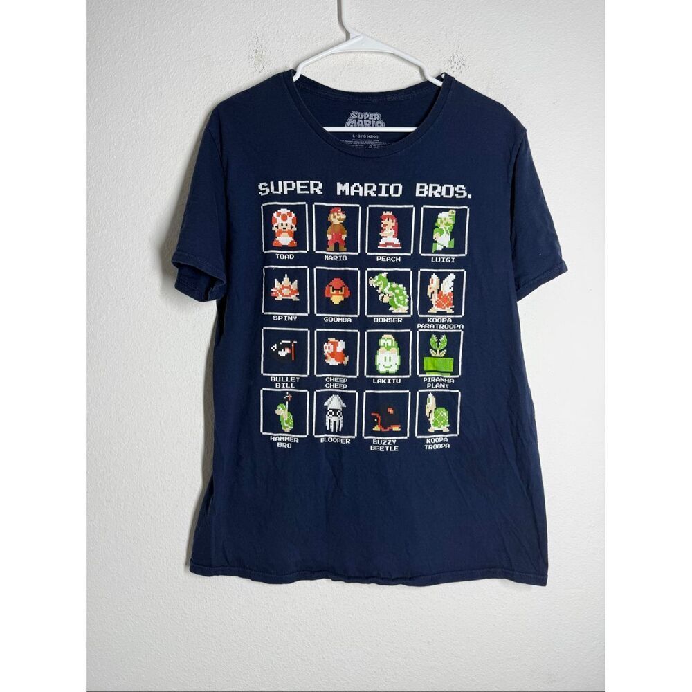 Super Mario Bros Graphic T-Shirt Navy Blue Pixel Characters Tee Size L Cotton